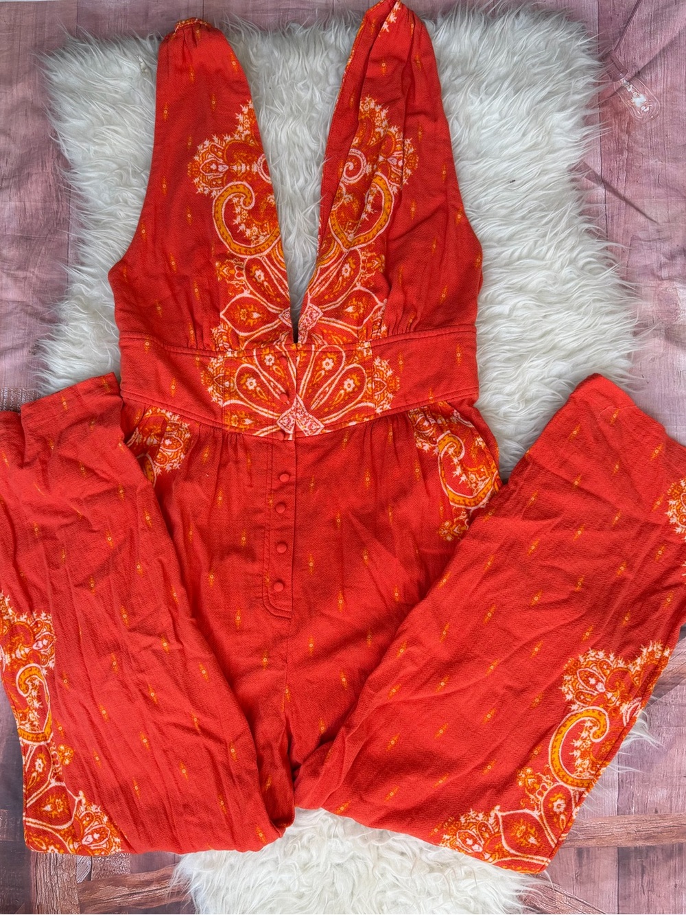 Free People Small Orange Paisley Open Back Wide Leg Boho Jumpsuit Pockets - Picture 8 of 8